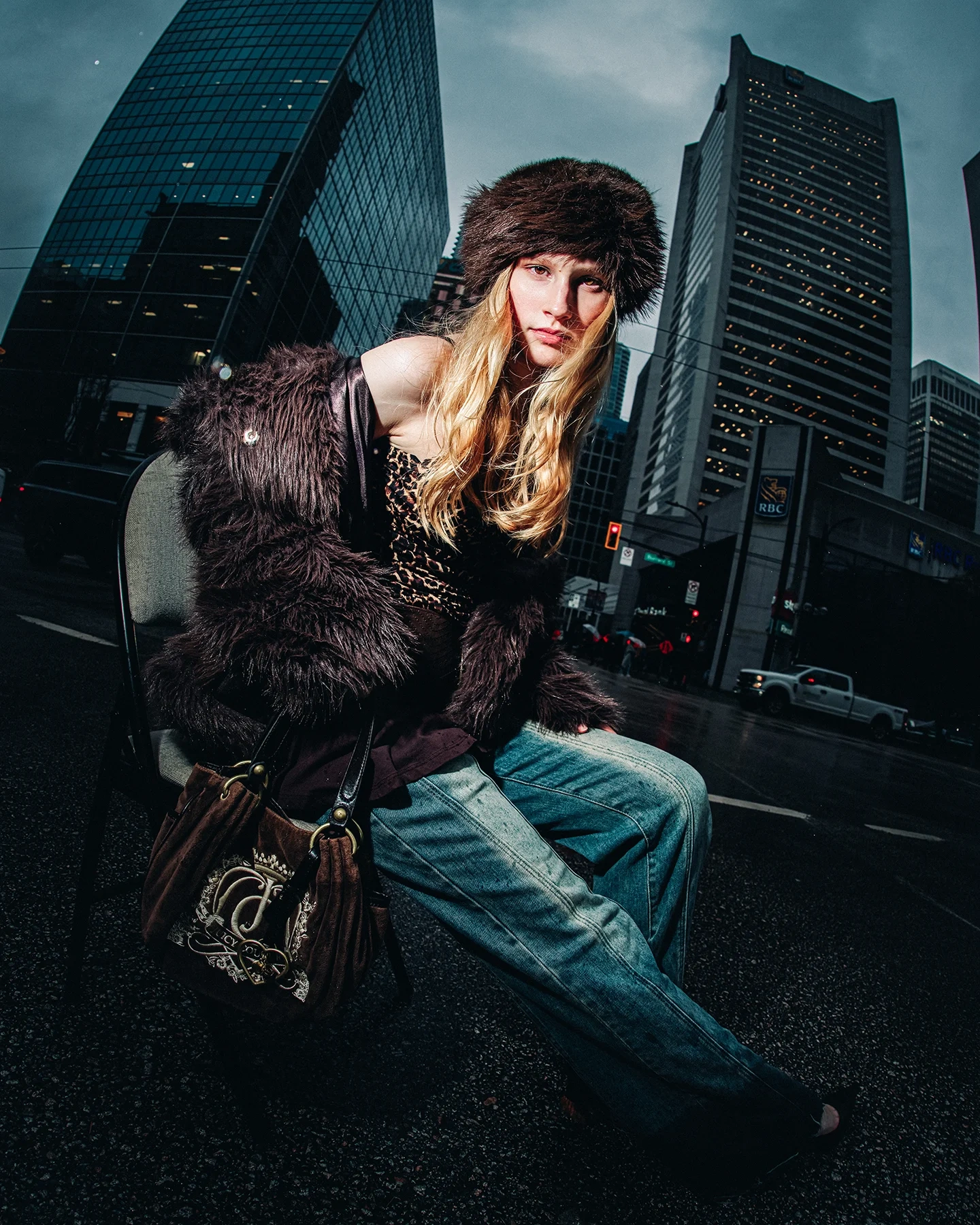 Fashion portrait of model Kolbi in the middle of a downtown Vancouver street