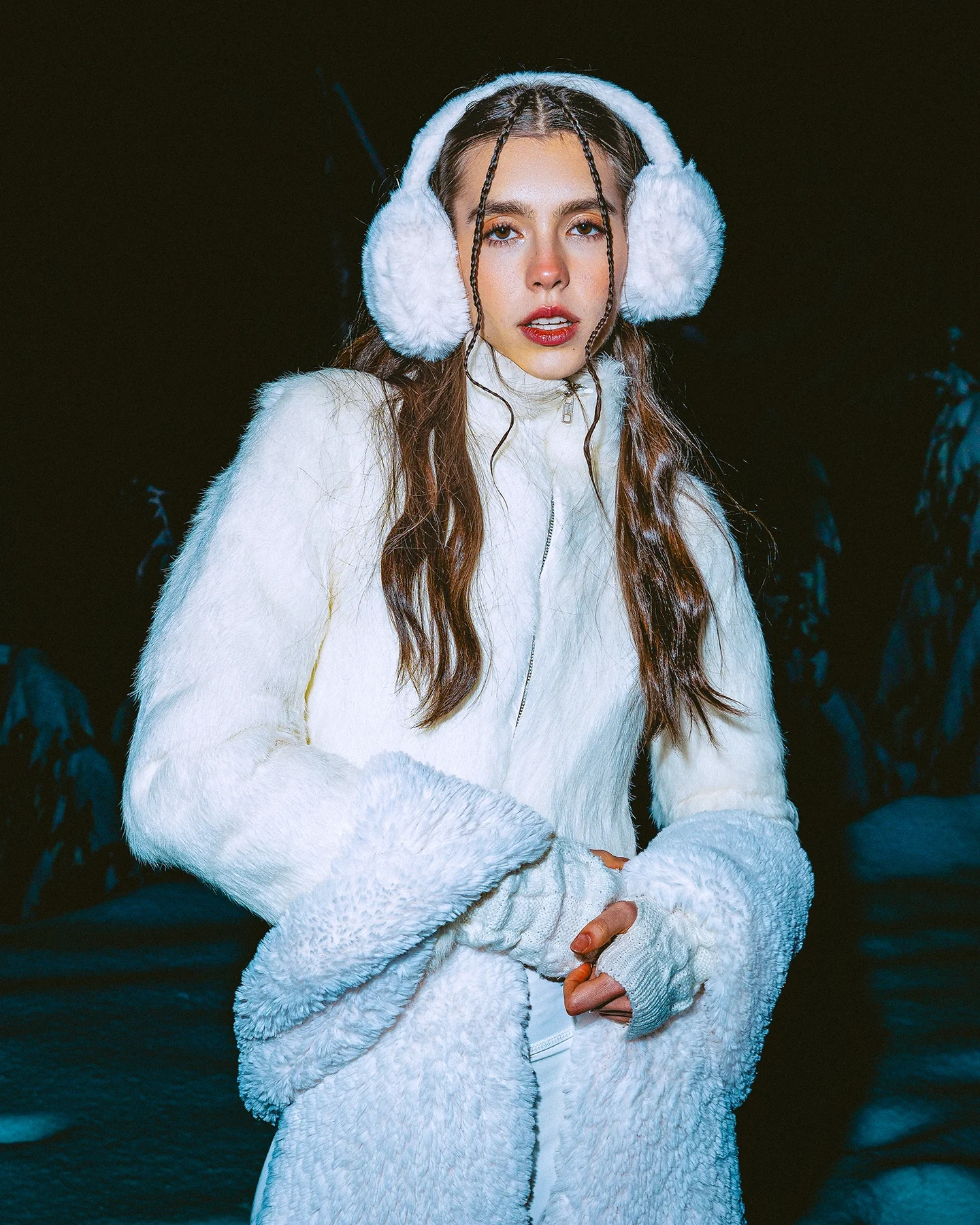 Stella winter editorial portrait with alpine snowy backdrop