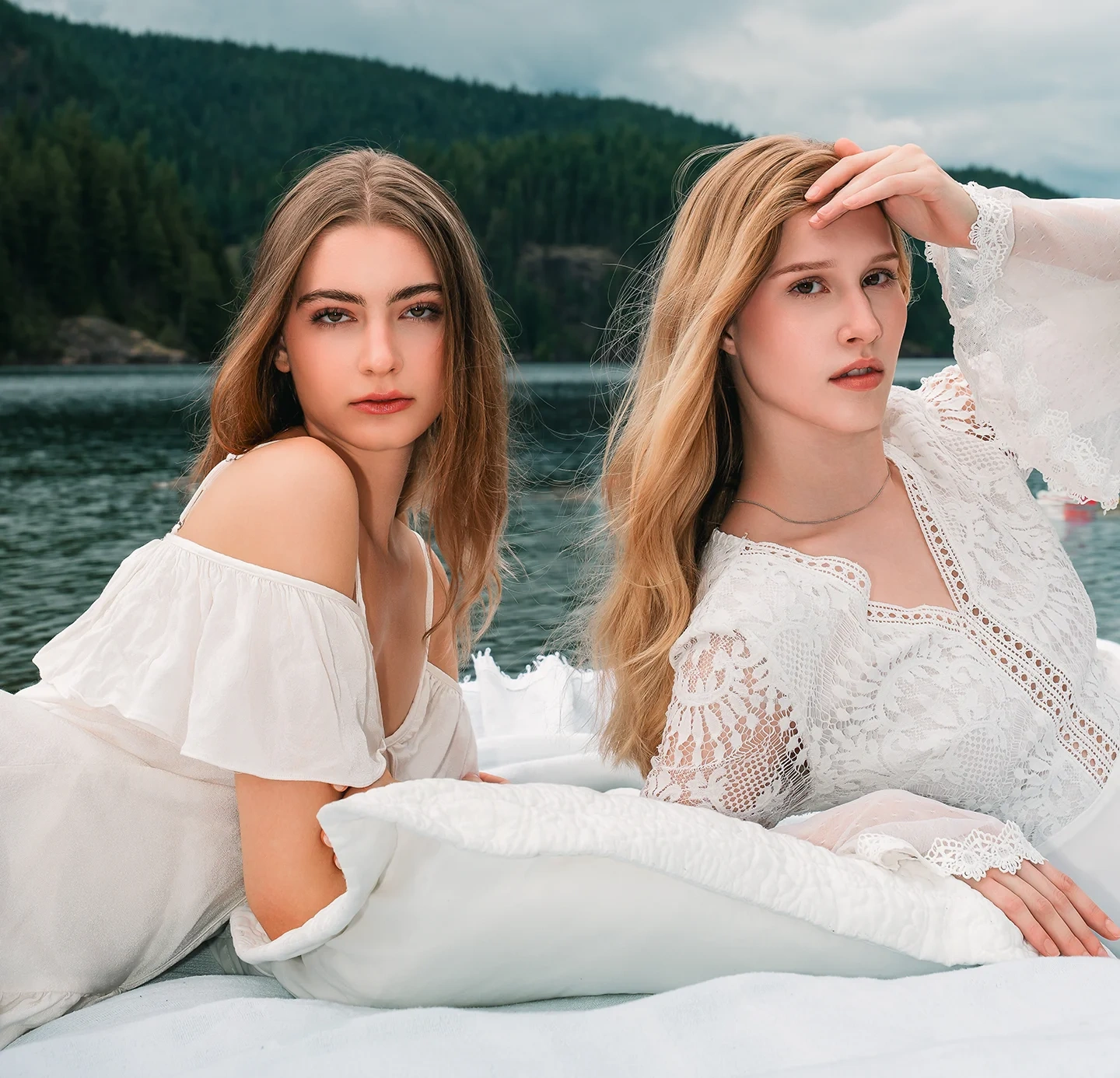 Michaela and Kolbi editorial cover portrait by a lakeside setting